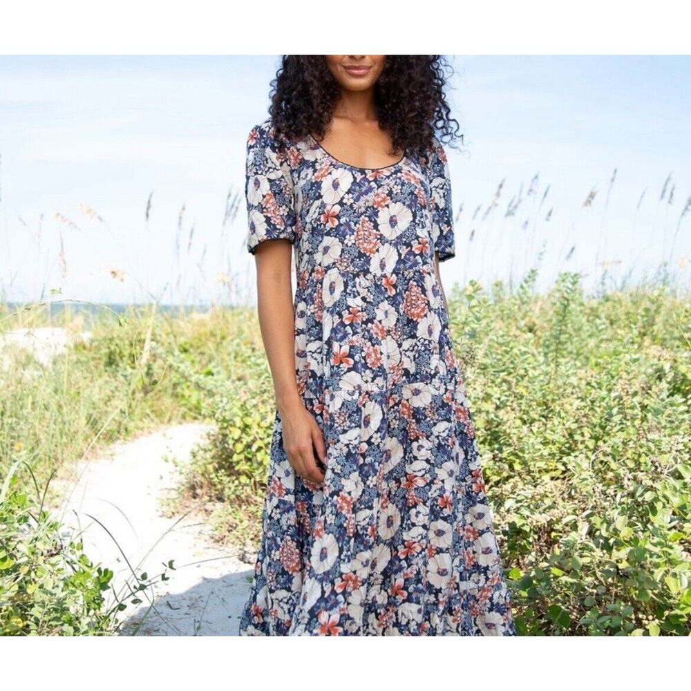 Natural Life Lucia Tiered Maxi Dress Navy Multicolor Floral Print M